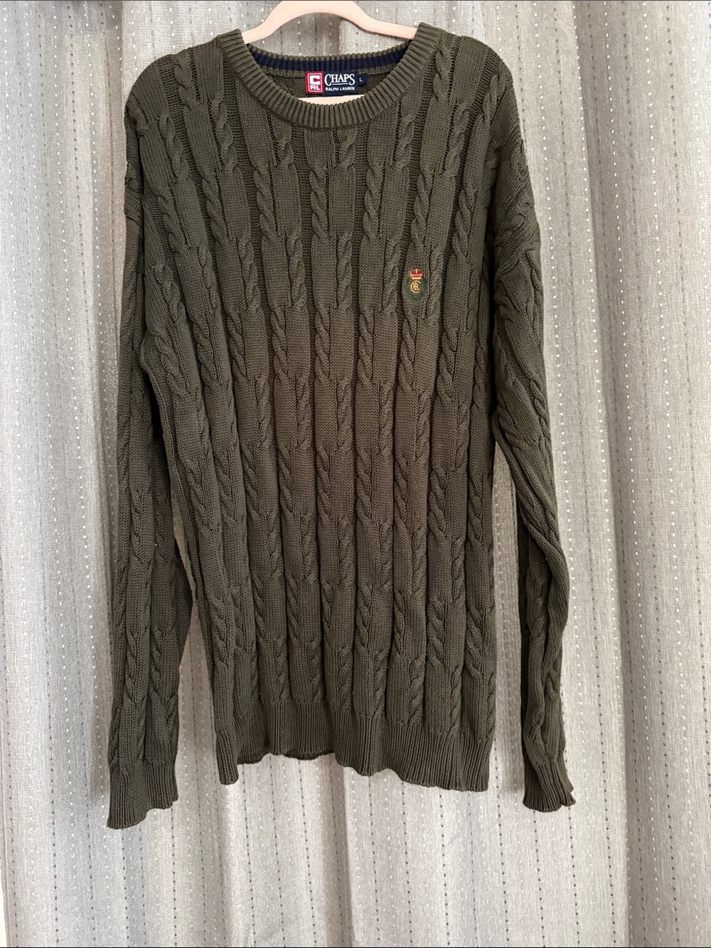 Chaps Olive Green Cable-Knit Crewneck Sweater with Crest